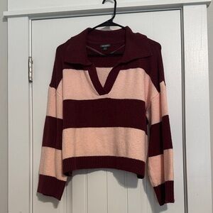 Wild Fable Burgundy and Pink Striped V-Neck Sweater